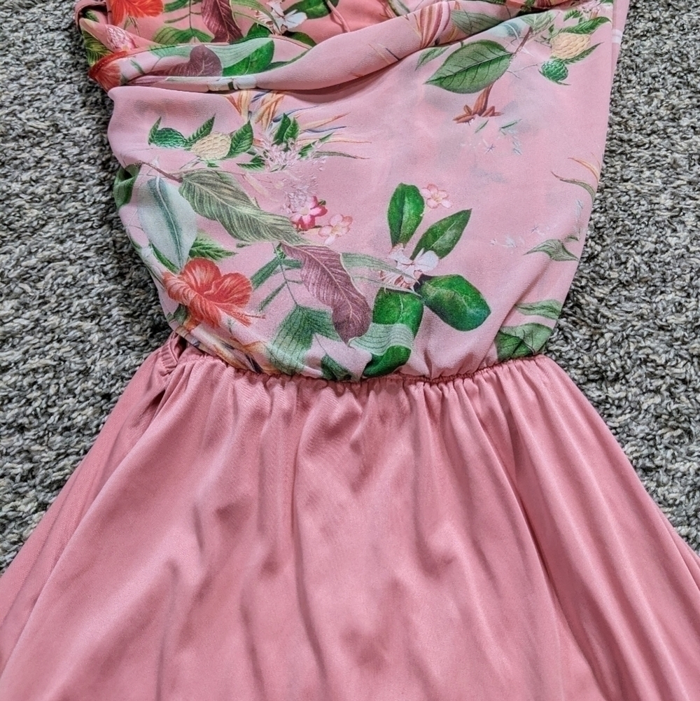 ✨3/$15 Express pink floral tie neck mini dress long blouse M - Picture 9 of 9